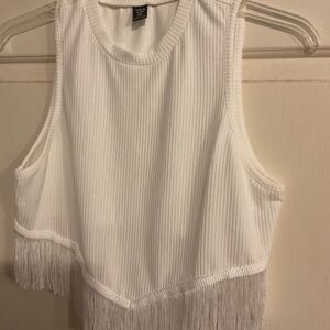 White Fringe Ribbed Tank Top - Shein Western style 1XL 38”C13”L